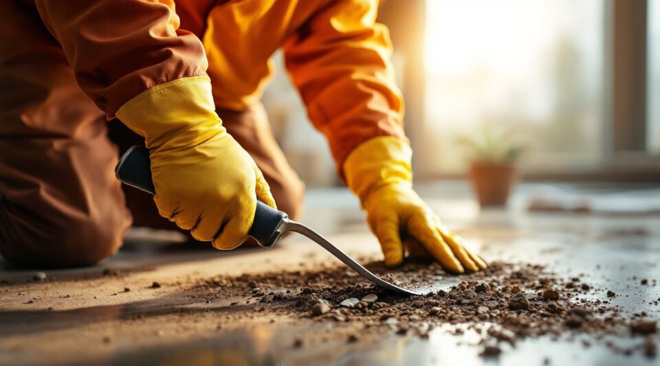 A close-up view of yellow containment plastic sheeting sealing off a work area with a negative air machine running in the background.
