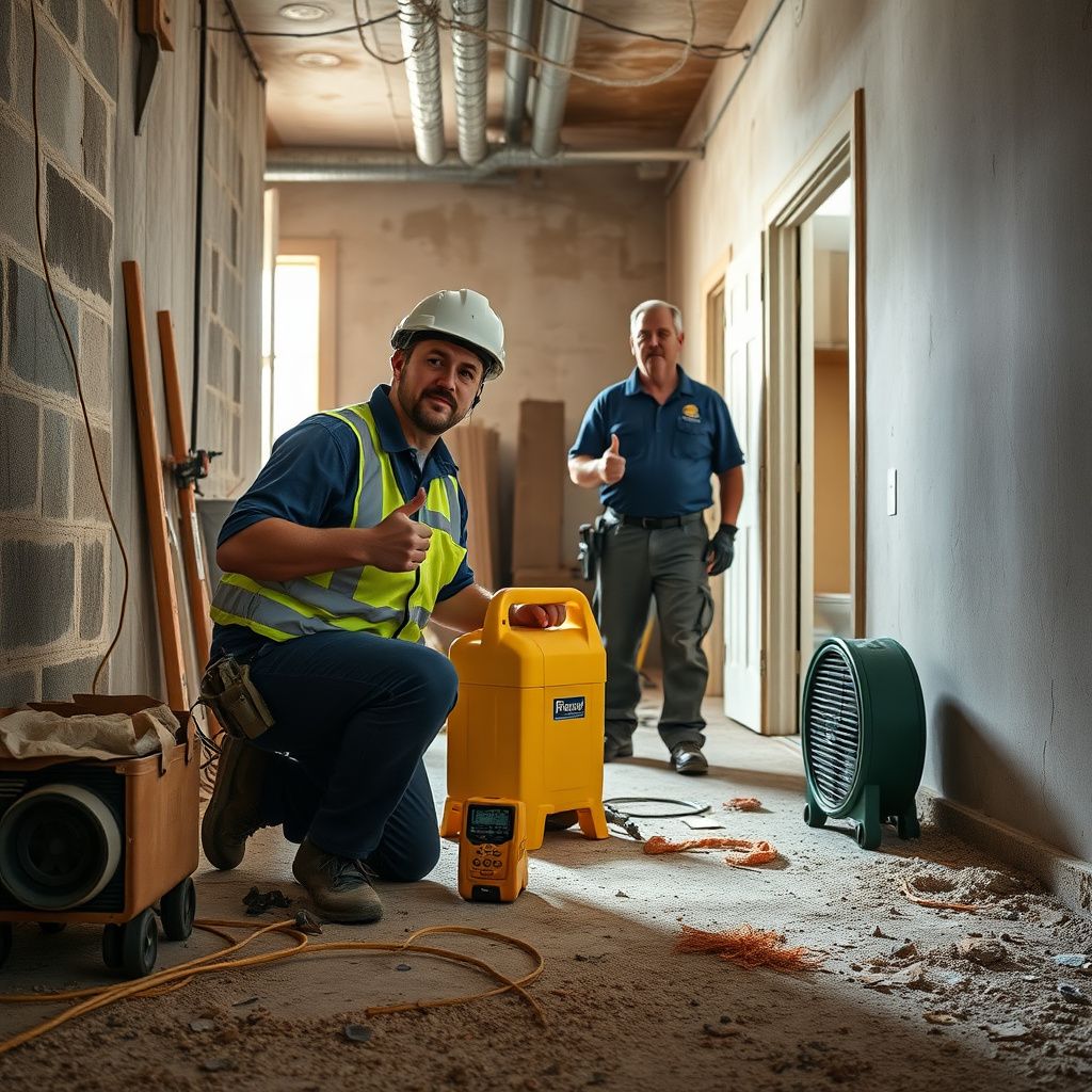 A close-up of a mold remediation technician in Farmers Branch checking moisture levels in a wall with a specialized meter.