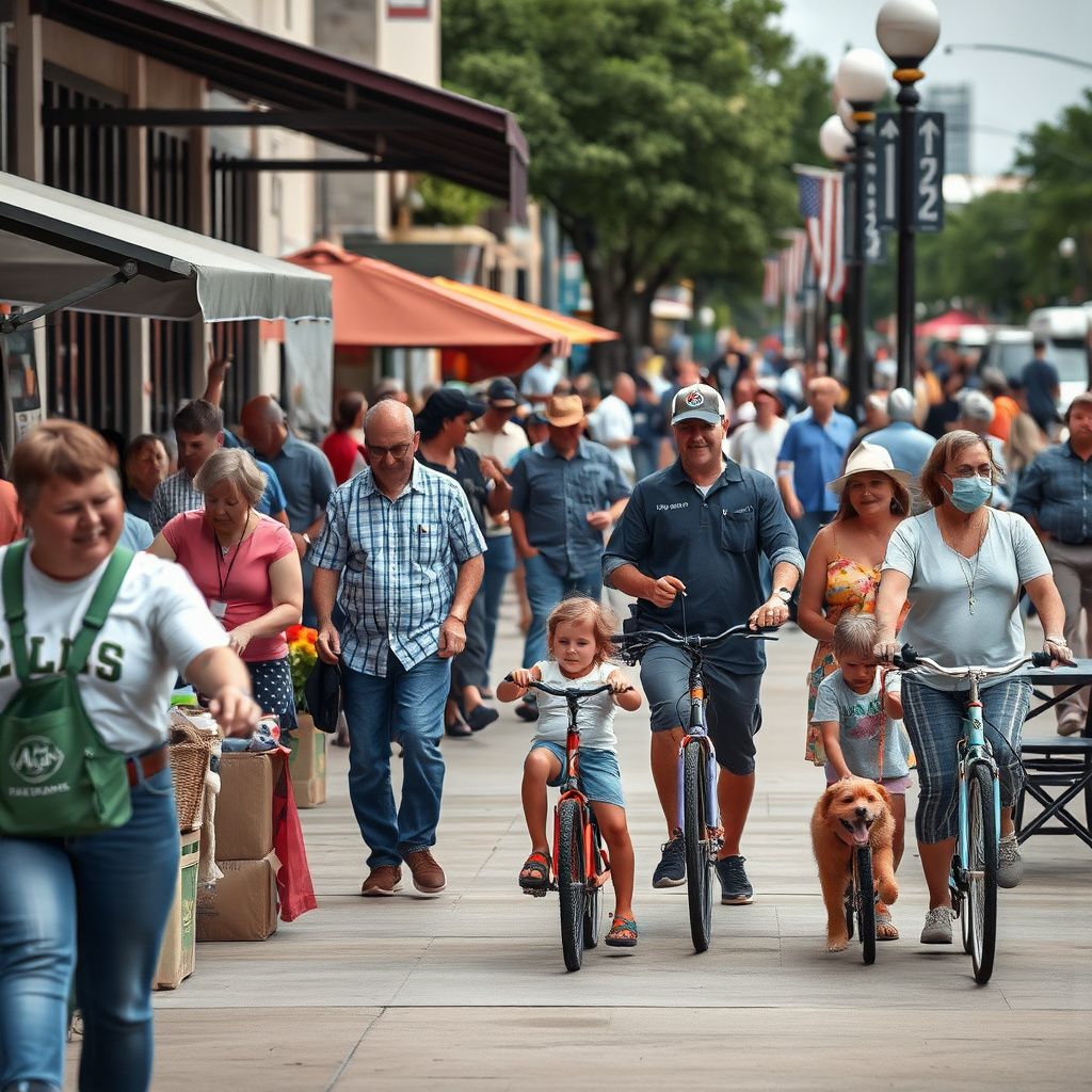 Historic brick buildings and a clock tower in the bustling Garland Downtown Square, with people enjoying the area on a sunny afternoon, reflecting the city's community feel.